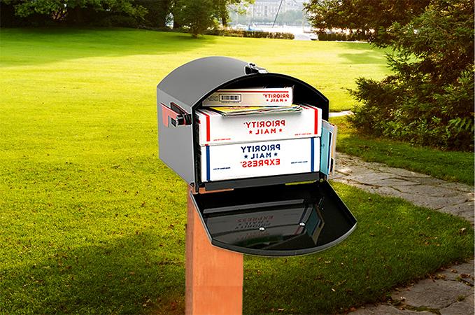 An open package mailbox with letters as well as Priority Mail and Priority Mail Express boxes inside.